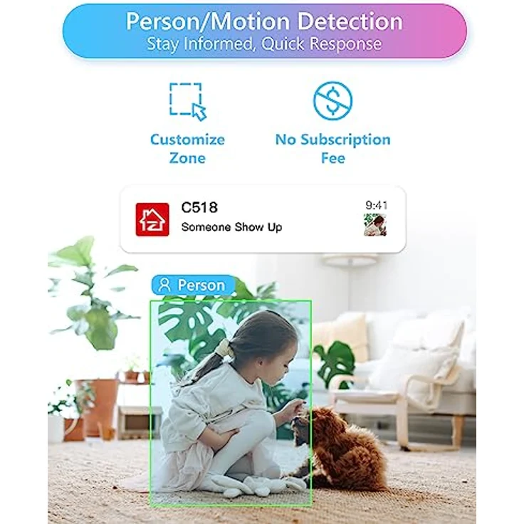 ZOSI 2K WLAN Überwachungskamera Innen, 360° Schwenkbare Kamera Indoor für Baby, 2,4/5Ghz WiFi, KI Personenerkennung, Auto-Tracking, One-Touch-Call, C518 – Bild 4