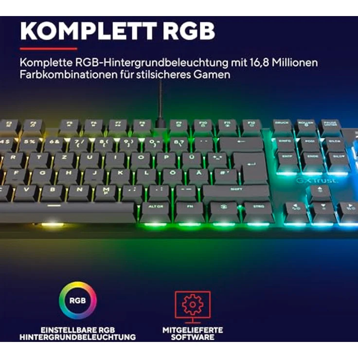 Trust GXT 868 Torix Mechanische Tastatur Kabellos Deutsches QWERTZ Layout, RGB Wiederaufladbare Gaming Tastatur 2.4 GHz 100H Akkulaufzeit, Huano-Switches Flache Tasten, Programmierbar, PC Laptop – Bild 5
