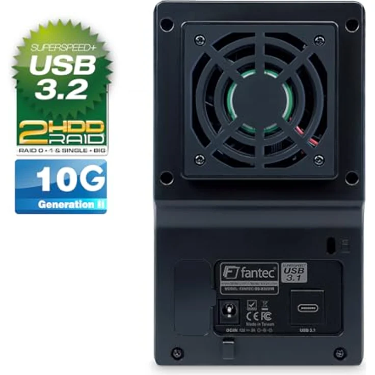 FANTEC QB-X2U31R Externes Raid Festplattengehäuse (für den Einbau von zwei 3,5 Zoll und 2,5 Zoll SATA I-II-III HDDs und SSDs Festplatte. Mit USB 3.1 Typ-C zu Typ-C Generation II 10G Anschluss, schwarz – Bild 4