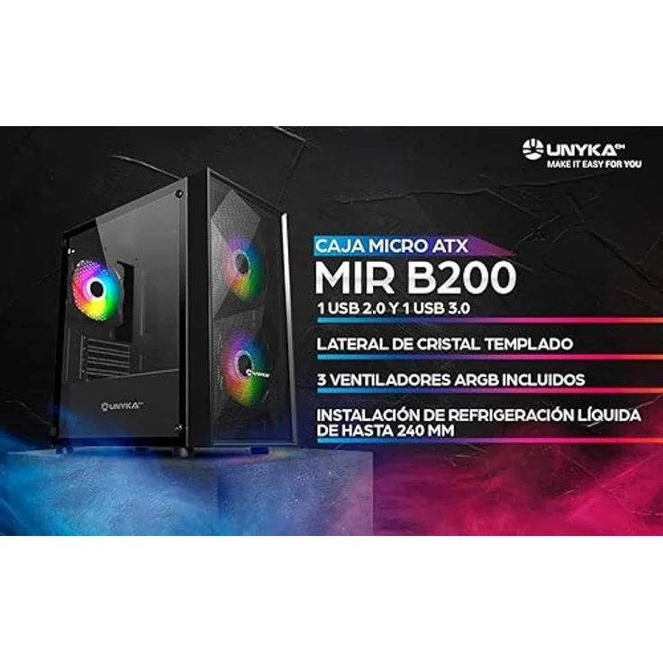 Unykach Mir B200 Cristal Templado, PC-Gehäuse mit gehärtetem Glas, 3 ARGB-Lüftern, USB 3.2, schwarz – Bild 3