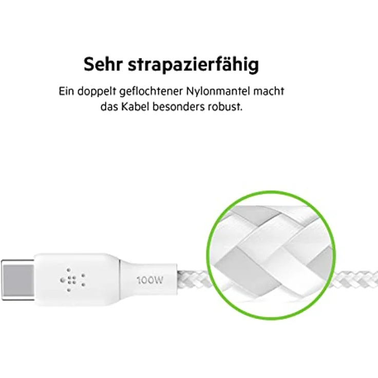 Belkin BoostCharge USB-C/USB-C Kabel 100W, 2m, weiß - langlebig, doppelt geflochtenes Nylon, bis zu 480 Mbps Datenübertragungsrate – Bild 5