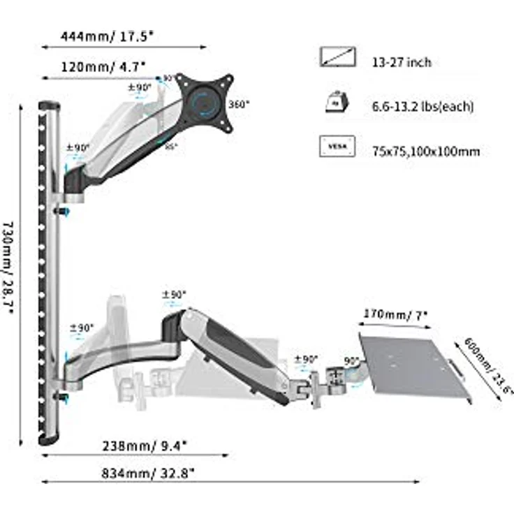 DIGITUS Monitor-Halterung & Tastaturablage - Wandmontage- 1 Monitor - Bis 2x 6 kg - VESA 75x75, 100x100 - Silber – Bild 3