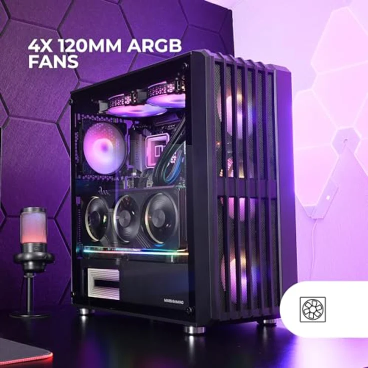 MARSGAMING MC-Vault, Gaming ATX-Gehäuse, 4X ARGB 120mm Lüfter, vertikales Mesh-Frontpanel, gehärtetes Glas, 3X vertikale PCI-Steckplätze, PC-Midi-Tower, Schwarz – Bild 3