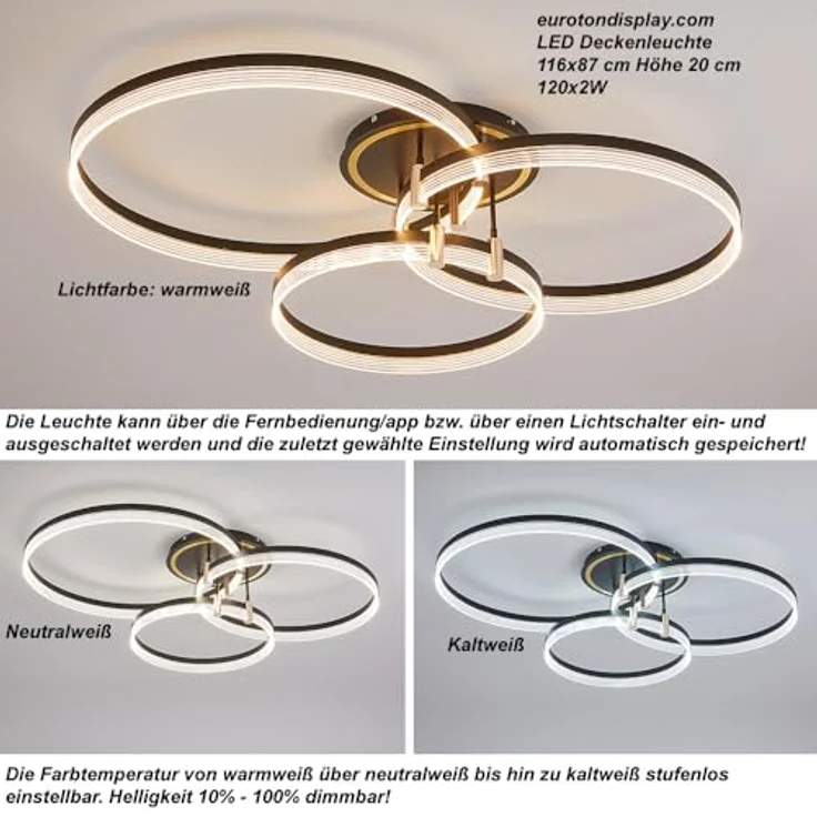 Eurotondisplay LED Deckenleuchte mit Fernbedienung und Handy-App, Lichtfarbe und Helligkeit einstellbar, schwarz gold lackierter Alurahmen, sehr leicht – Bild 4