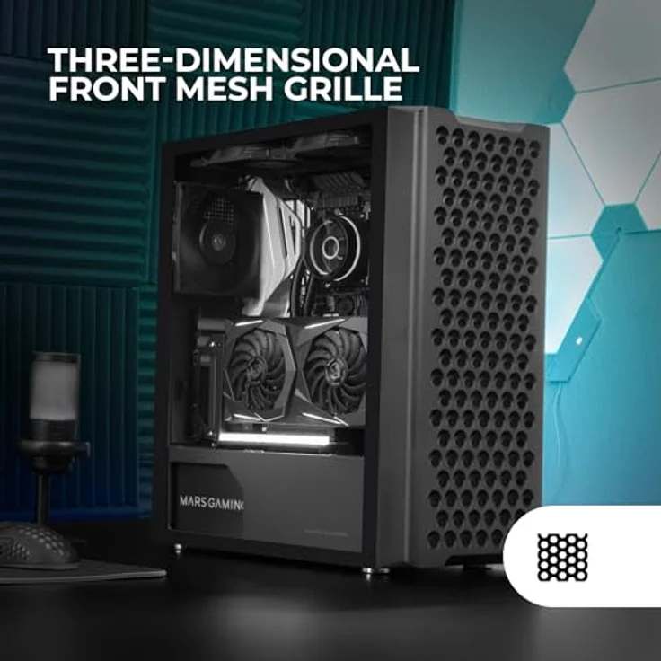 Mars Gaming MC-iPRO, Professionelles ATX-Gehäuse mit 3D-Mesh-Frontgitter, gehärtetem Glas-Seitenfenster und 12-cm-FDB-Lüfter, Schwarz – Bild 3