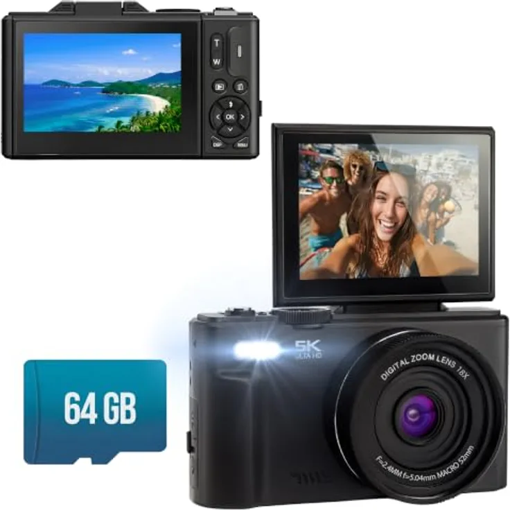 Senzo Digitalkamera 5K, 75MP, 18x Zoom, 60FPS, kompakt mit WiFi und 64GB Speicher