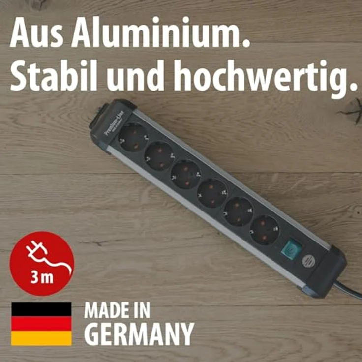 Brennenstuhl Premium-Alu-Line 6-Fach Steckdosenleiste, Aluminium mit 3m Kabel und beleuchtetem Sicherheitsschalter, platzsparend mit 45°-Anordnung – Bild 3