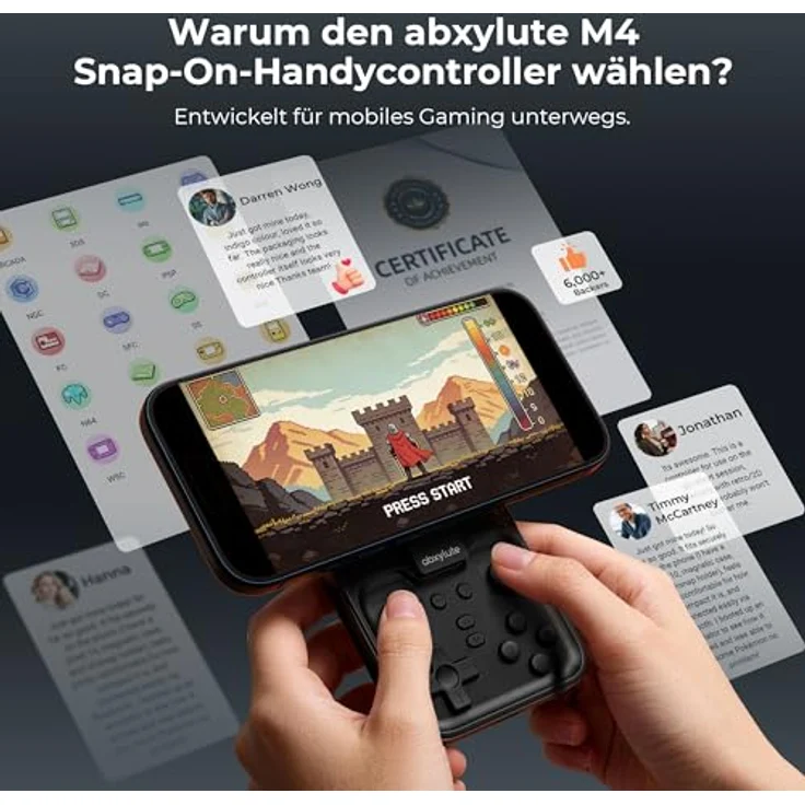 abxylute M4 Snap-On Mobile Gaming Controller, tragbarer Retro-Emulator-Gamepad mit Dual-Joystick-Turbo, Magnet und Ständer, für Android & iPhone, schwarz – Bild 2