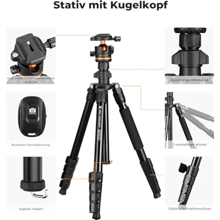 K&F CONCEPT O275A5+BH-36, 192cm Aluminium Kamerastativ mit Handyhalterung und Bluetooth-Fernbedienung, tragbar, abnehmbares Einbeinstativ, 36mm Kugelkopf mit 8kg Tragkraft – Bild 2