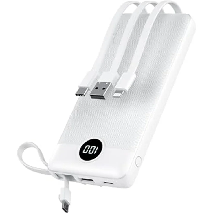 VRURC Powerbank 10000mAh, tragbares Ladegerät mit 5 Ausgängen, USB-C, LED-Anzeige und integriertem Kabel, kompatibel mit iPhone/Huawei/Samsung – Bild 1