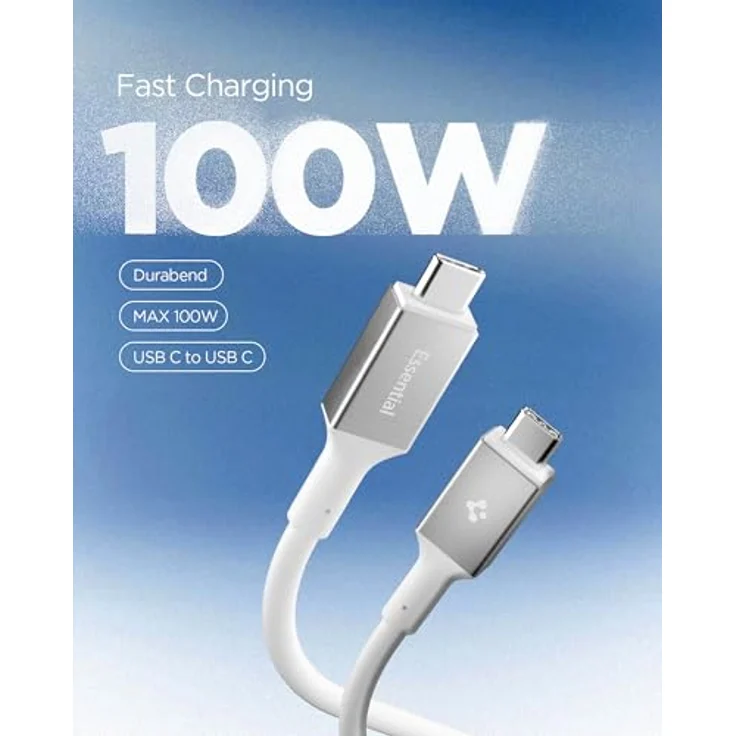Spigen Essential USB C Kabel 100W PD Schnellladekabel 2m mit E-Marker Chip, kompatibel mit iPhone 17/16/15 Pro Max Air und Samsung Galaxy S25 - Weiß – Bild 2