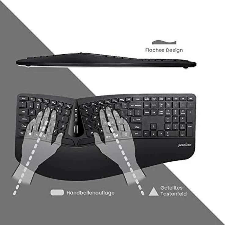 Perixx PERIDUO-605BDE Funk Tastatur, Maus-Set Deutsch, QWERTZ, Schwarz Ergonomisch, Multimediatasten, Handballenauflage – Bild 2