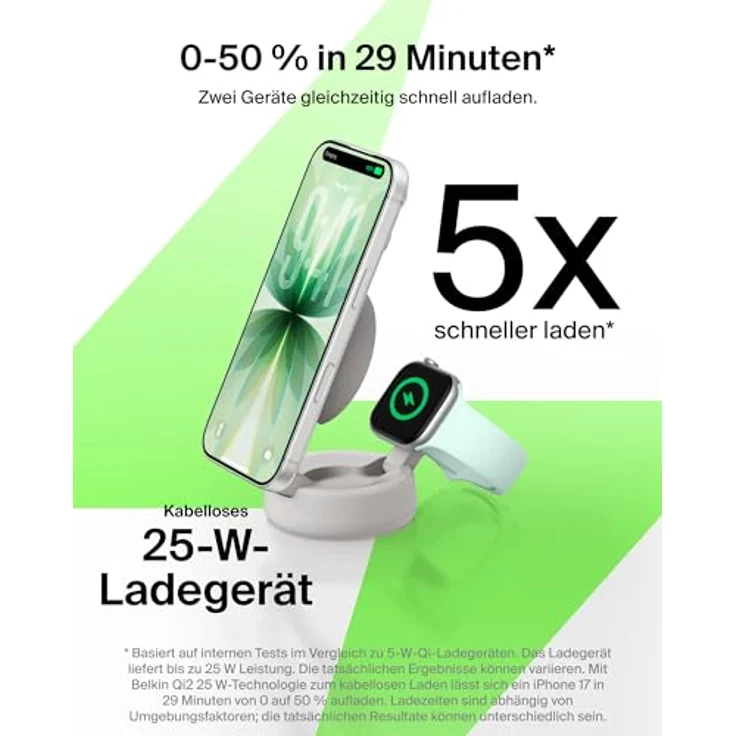 Belkin UltraCharge Pro MagSafe Ladegerät, Induktive 2-in-1 Ladestation mit Qi2.2, 25W Schnellladung für iPhone 17 und Apple Watch Series 10, inkl. 45-W-Netzteil – Sandfarben – Bild 2