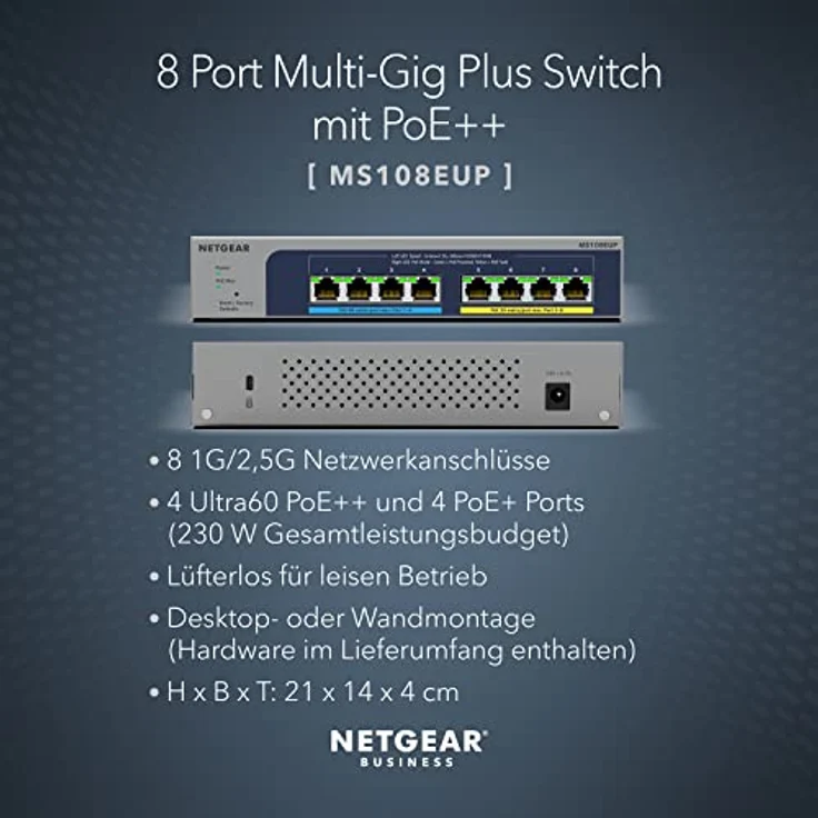 NETGEAR MS108EUP PoE Switch 8 Port Multi-Gig LAN Switch Ultra60 PoE++ 230W Plus (Managed Netzwerk Switch PoE, je 4 PoE+/++ Ports, IGMP, QoS, VLAN, lüfterlos, Grau – Bild 2