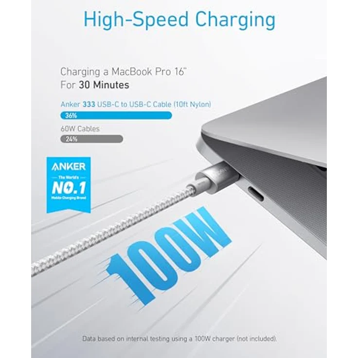 Anker New Nylon USB-C to USB-C 100 W Cable, 3 m, silber (A8758041) – Bild 2