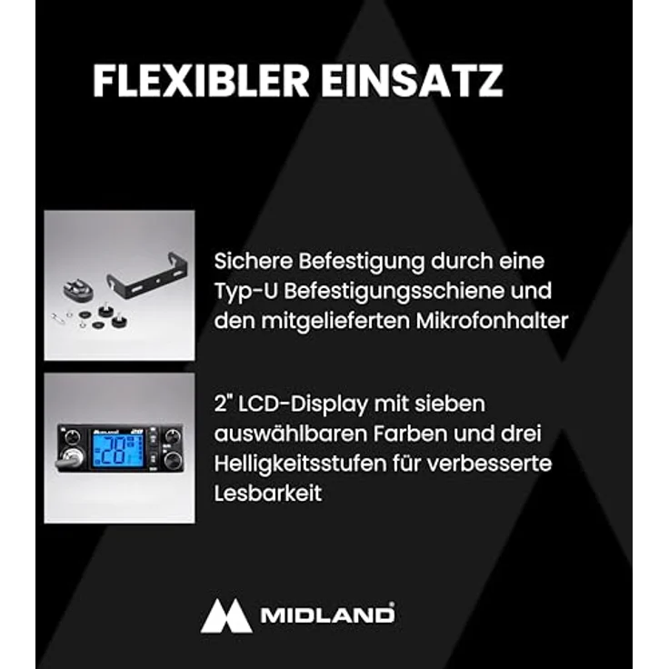 Midland 28 CB C1563, CB-Funkgerät mit 2"-LCD-Display, digitaler Rauschsperre und 12/24 V-Versorgung, sieben Farben wählbar – Bild 4