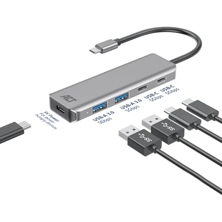 ACT USB C Hub, 4-Port USB 3.0 Hub, 2X USB-C und 2X USB-A, mit Premium Aluminum Gehäuse, Grau - AC7072 – Bild 4