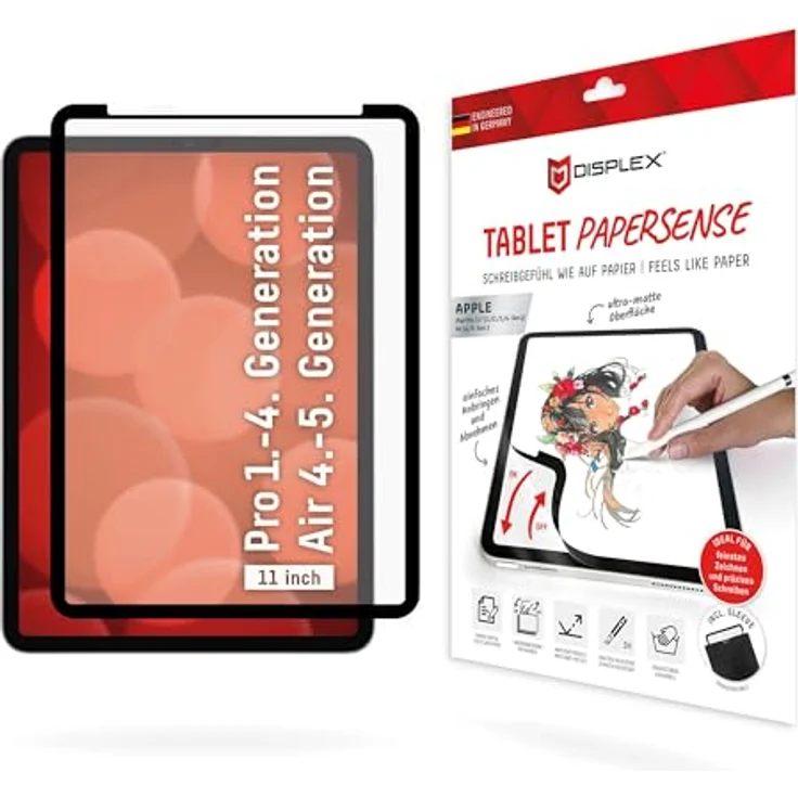 Displex TABLET PAPERSENSE für iPad Pro 11'' (1.-4. Gen)/Air (4./5. Gen), wiederablösbare Schreibfolie und Zeichenfolie mit Paper Feeling für ein Schreibgefühl wie auf Papier, inkl. Filz-Schutzhülle – Bild 1