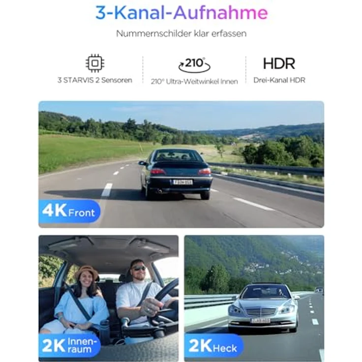 VIOFO A329S 3CH 4K Dashcam, 4K Frontkamera + 2K Innenkamera + 2K Heckkamera, Energiespar-Parkmodus, Wi-Fi 6, 210° Ultraweitwinkel, 4TB SSD unterstützend – Bild 2