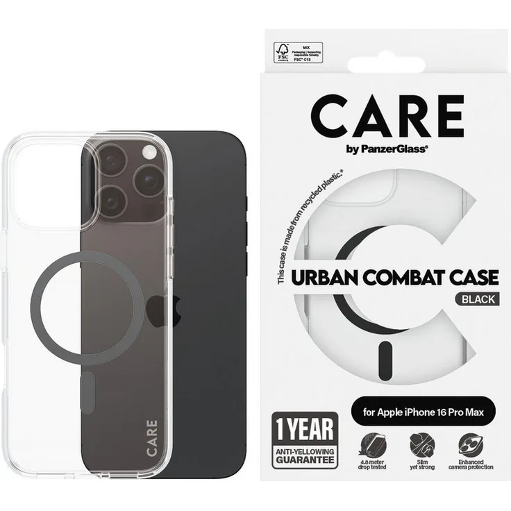 CARE by PanzerGlass Urban Combat Case für Apple iPhone 16 Pro Max, MagSafe-kompatible Schutzhülle, stoßfest, aus recyceltem Plastik, 4,8 Meter Falltest, verbesserter Kameraschutz