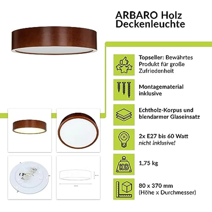 Licht-Erlebnisse Deckenlampe ARBARO Glas Holz rustikal Ø37 cm E27 blendarm 2-flammig Modern flache Deckenleuchte, Treppenhaus - Braun & Satiniert – Bild 2