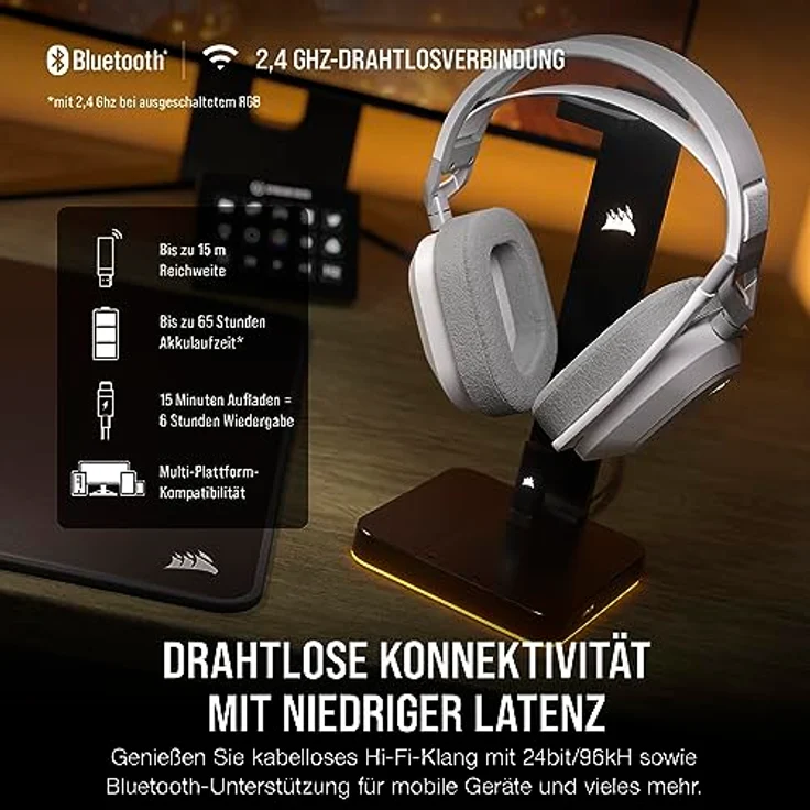 CORSAIR HS80 MAX WIRELESS Multiplattform-Gaming-Headset Mit Bluetooth - Dolby Atmos - Omnidirektionales Mikrofon - iCUE-Kompatibel - PC, Mac, PS5, PS4, Nintendo Switch, Handy - Weiß – Bild 3