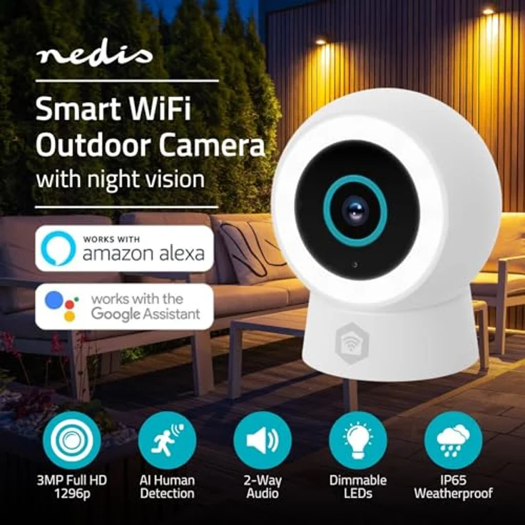 Nedis SmartLife Aussenkamera, Wi-Fi Spotlight 3MP Full HD 1296p, IP65, Cloud Storage, Vollfarb-Nachtsicht, kompatibel mit Alexa und Google Home – Bild 5