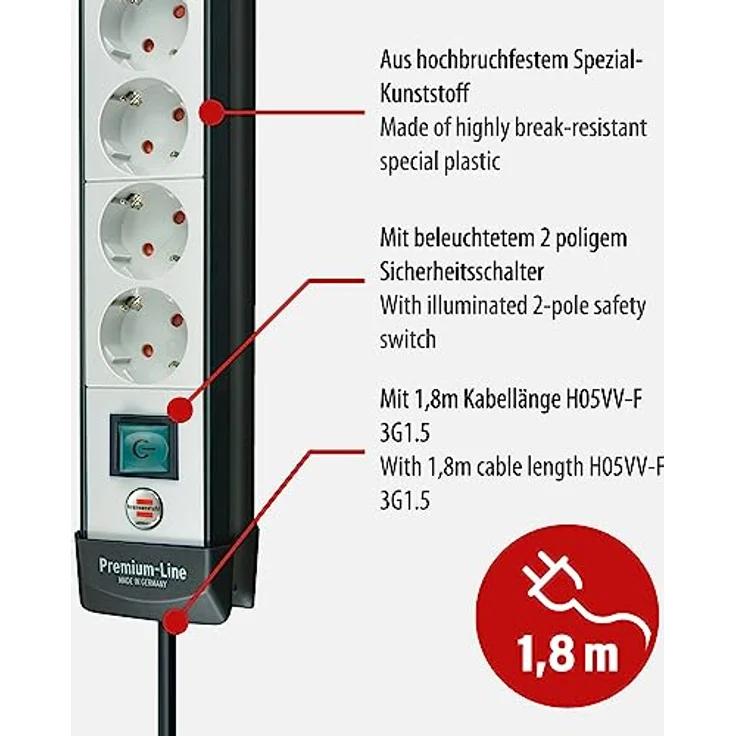Brennenstuhl Premium-Line, Steckdosenleiste 4-fach (Steckerleiste mit Schalter und 1,8m Kabel - 45° Anordnung der Steckdosen, Made in Germany) schwarz-grau – Bild 3