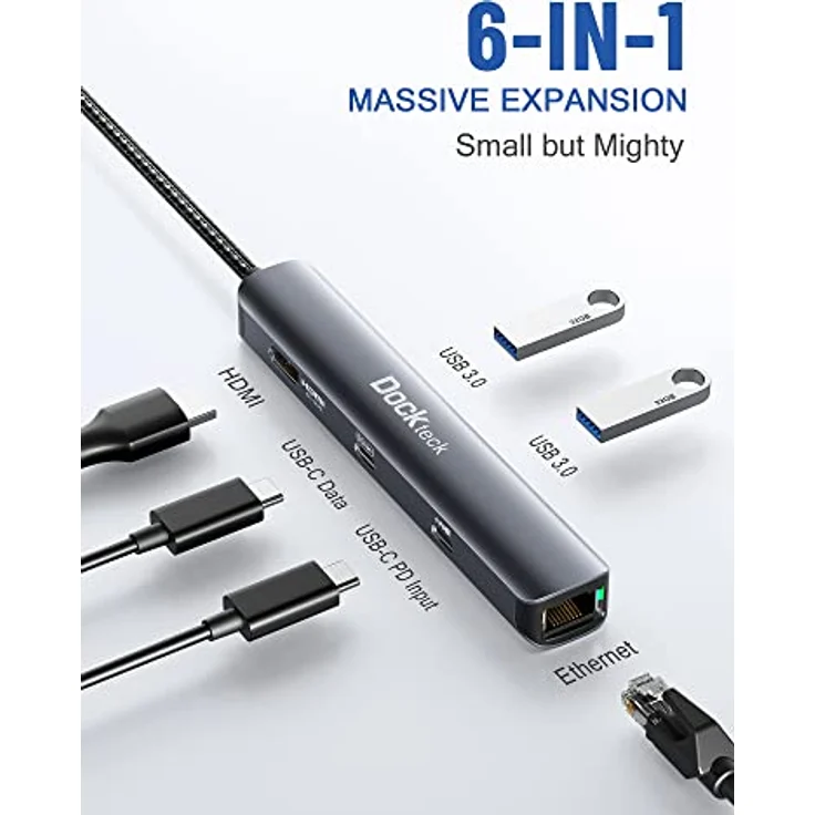 dockteck USB C Hub HDMI 4K 60Hz, 6 in 1 Docking Station mit 100W Power Delivery, RJ45 Ethernet, 2 USB-C und 2 USB 3.0 Ports, für MacBook Pro/Air M1/M2, iPad Pro/Air, Surface Pro – Bild 2
