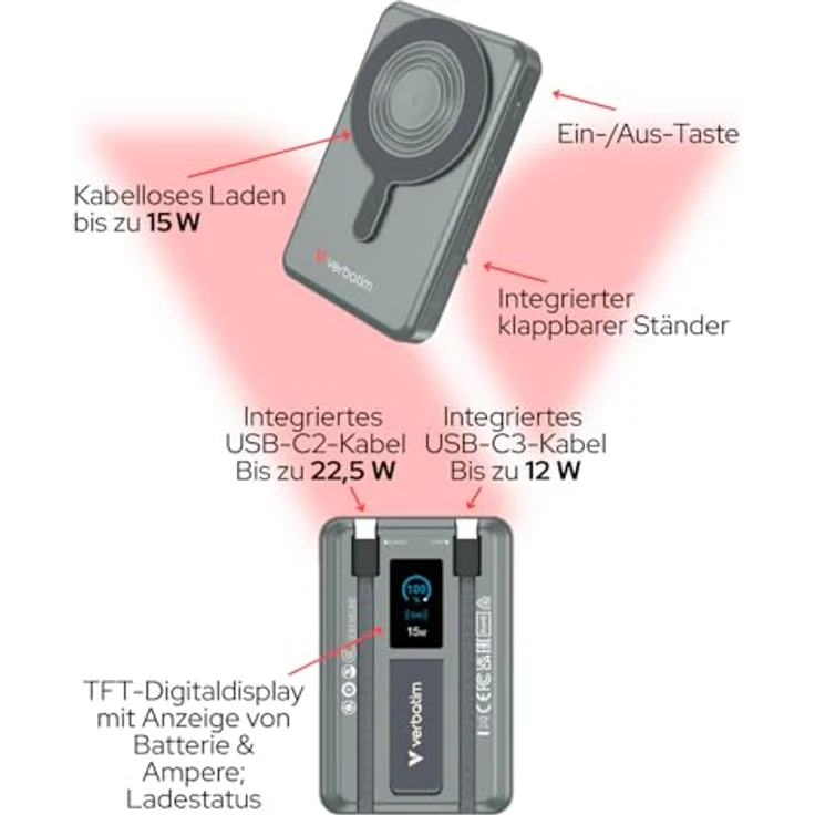 Verbatim Charge 'n' Go MagSafe Powerbank 10000mAh [GRAU], 15W kabelloses Laden, PD 22,5W Schnellladefunktion, klappbarer Standfuß für iPhone 17/16/15/14 Pro, inkl. 2 USB-C Kabel – Bild 3