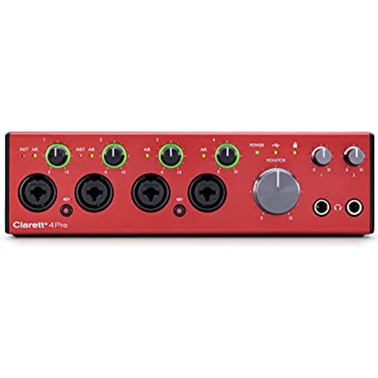 Focusrite Clarett+ 4Pre USB-Audio-Interface in Studioqualität für Musiker*innen – Hochwertige Aufnahmen über vier rausch- und verzerrungsarme Mikrofonvorverstärker für authentische Klangergebnisse