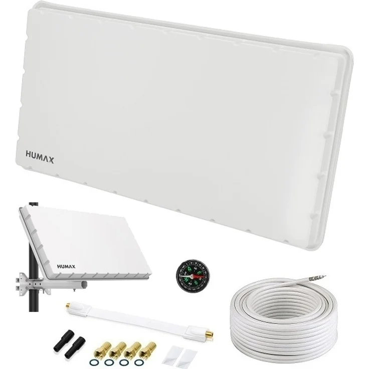 Humax H39D SET, Satelliten-Flachantenne in Weiß, inkl. Wand- und Masthalterung für 1 Teilnehmer, idealer Empfang vergleichbar mit 60 cm Schüssel