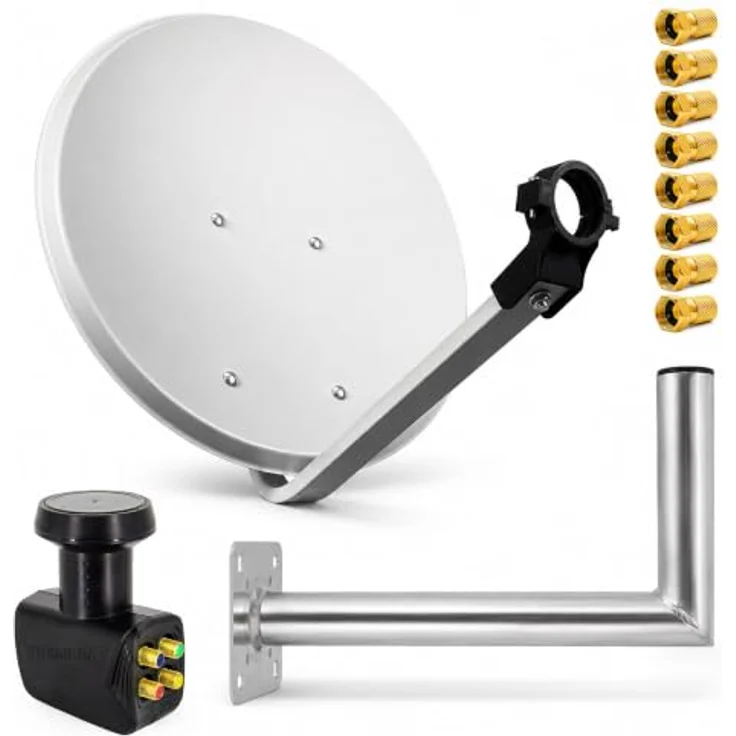 PremiumX PXS45 Hellgrau Satelliten-Antenne 45 cm, Stahl, Quad LNB für bis zu 4 Teilnehmer, UV-beständig und korrosionsgeschützt – Bild 1