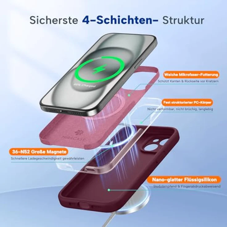 miracase iPhone 15 Hülle mit MagSafe, Flüssigsilikon und kratzfestem Mikrofaser-Innenfutter, stoßfest, Weinrot – Bild 3