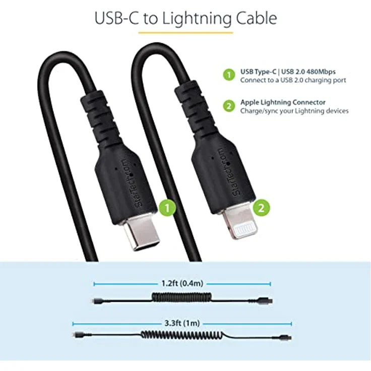 StarTech.com 1m USB C auf Lightning Kabel, spiralkabel, MFi-zertifiziert, Schnellladekabel für iPhone/iPad/iPod, schwarz, langlebiger TPE-Mantel aus Aramidfaser, USB C 2.0 Kabel (RUSB2CLT1MBC) – Bild 3