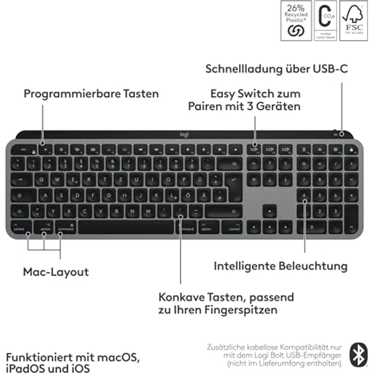 Logitech MX Keys S for Mac, Kabellose Tastatur mit Hintergrundbeleuchtung, macOS Optimiert, Grau – Bild 6