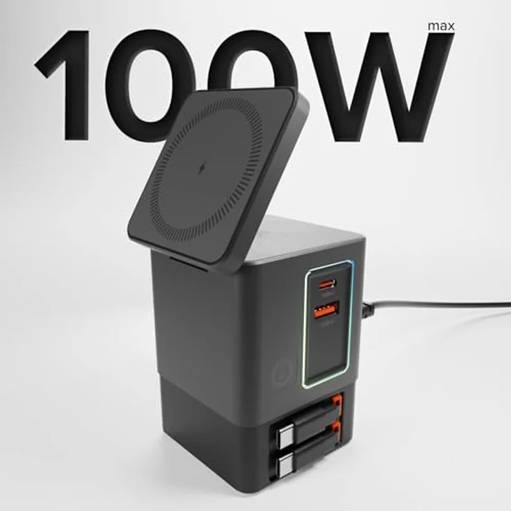 SBS Power Dock 6in1, 100 W USB-C Charging Station mit kabellosem Laden 15 W, kompatibel mit MagSafe, zwei einziehbaren Kabeln, Schwarz – Bild 2