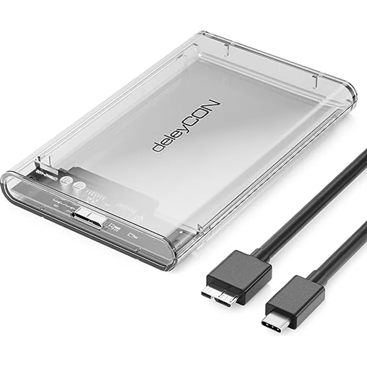 deleyCON USB-C Festplattengehäuse 2,5 Zoll - Transparentes externes Gehäuse für 2,5" SATA HDD/SSD - USB 3.1 Gen 1, Werkzeugfreie Montage