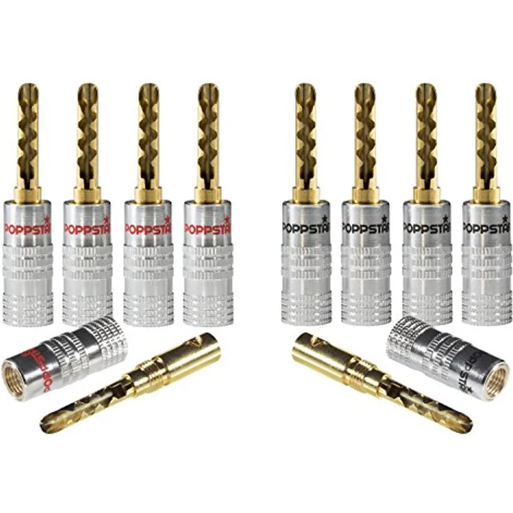 Poppstar 10x High End Hohl Bananenstecker, Bananas für Lautsprecherkabel (bis 6mm²), Lautsprecher, Receiver, 24k vergoldete Kontakte (5x schwarz, 5x rot)