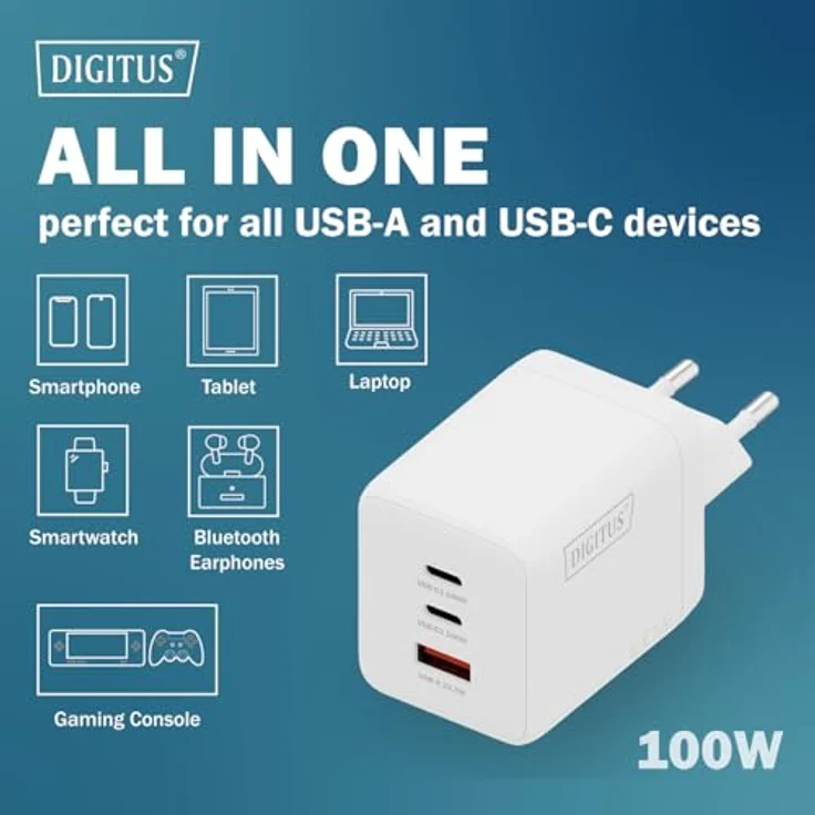 Digitus GaN II Charger 100W, USB Ladegerät mit 2x USB-C und 1x USB-A, weiss – Bild 5