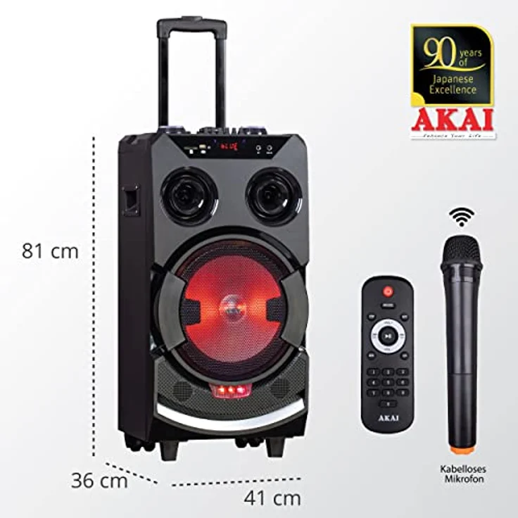 AKAI ABTS-112, Aktivlautsprecher mit drahtlosem Mikrofon, Bluetooth, USB, FM Radio, Akku und mehrfarbigen RGB LED Tanzlichtern – Bild 2