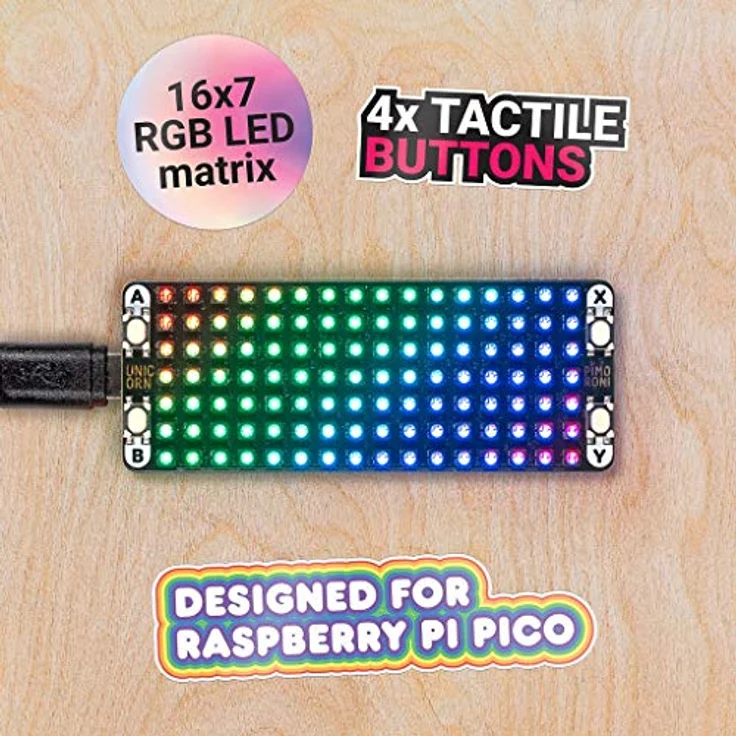 Pimoroni Raspberry Pi Pico Unicorn Pack, 112 RGB-LEDs in 7x16-Matrix mit vier taktilen Tasten und 14-Bit-Farbgenauigkeit – Bild 2