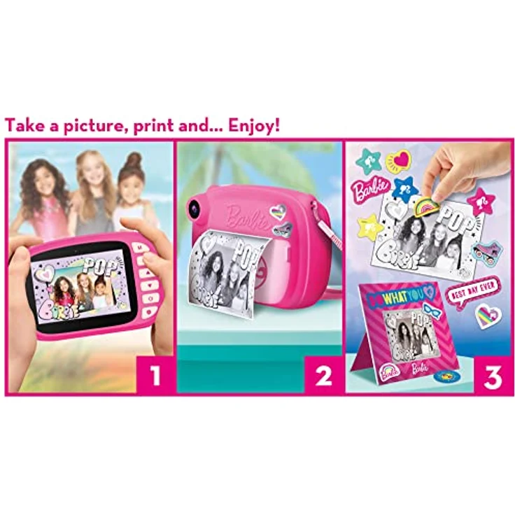 Lisciani - BARBIE Print Cam - Sofortbildkamera BARBIE für Kinder ab 5 Jahren - 3 in 1: Sofortfotos Selfie-Kamera Video - Druckt 180 Fotos - Großer Farb-LCD-Bildschirm - Aufkleber – Bild 4