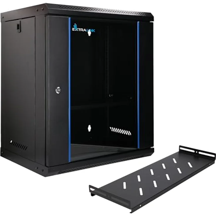 Extralink Serverschrank 19 Zoll 12HE, Netzwerkschrank 400mm Tiefe, Wand- oder Standmontage, Traglast 60 kg, schwarz, inkl. praktischer Regale – Bild 1