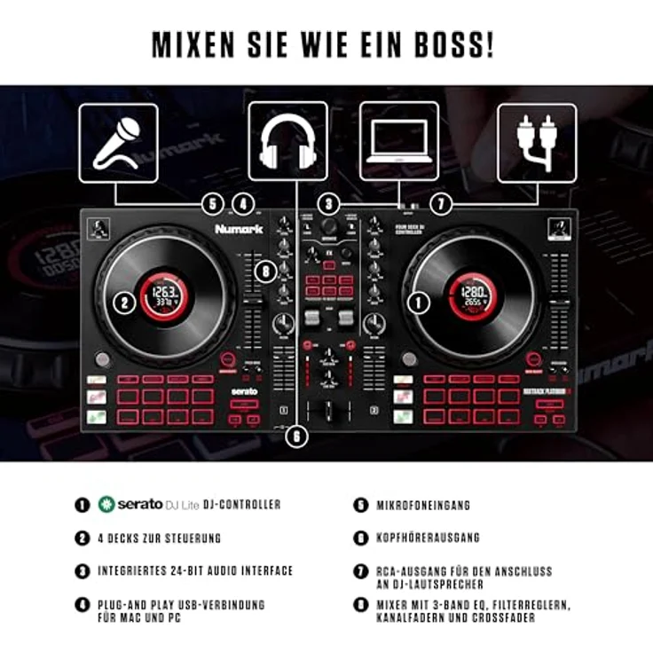 Numark Mixtrack Platinum FX - DJ-Controller für Serato DJ mit 4-Deck Kontrolle, DJ-Mixer, integriertem Audio Interface, Jogwheel-Displays und Effektpaddeln – Bild 3
