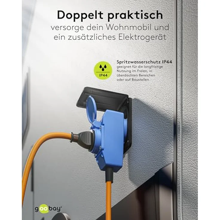Goobay Camping Adapterleitung 1,5 m, orange, Schukostecker, IP44, öl- und UV-beständig, 2 CEE-Buchsen – Bild 5