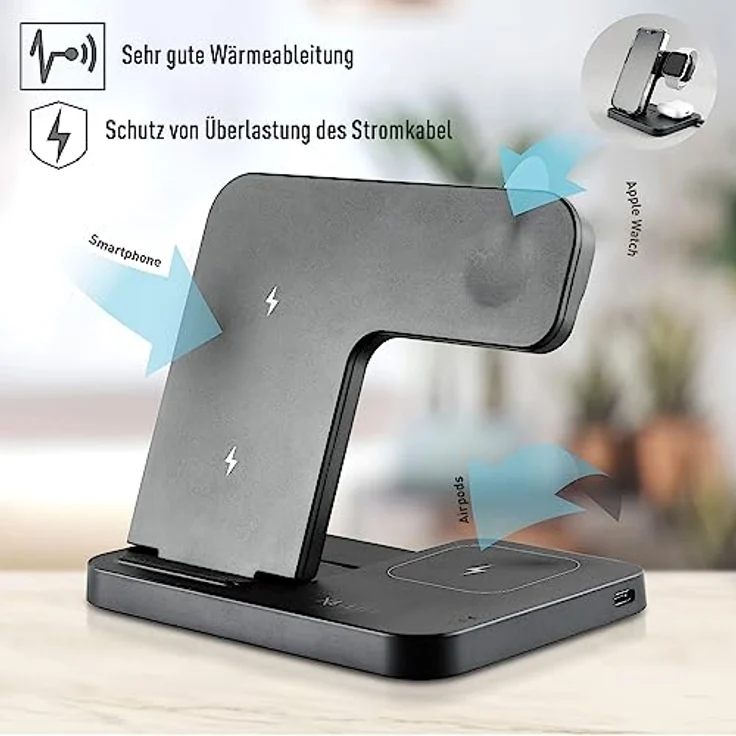 X4-LIFE Qi-Ladestation Power-Hub für Smartphones, Kopfhörer & Apple Watch mit blauem LED-Indikator für Ladezustand, gleichzeitig kabelloses Laden, max. Ladedistanz 2-6 mm – Bild 2