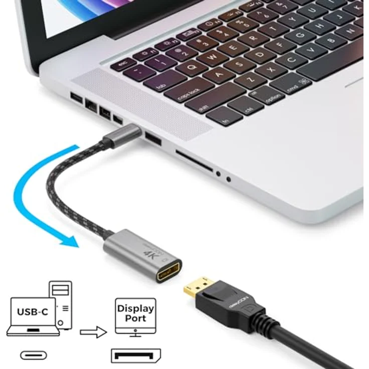 deleyCON 4K USB-C auf DisplayPort Adapter, 4K@60Hz, Aluminium, Thunderbolt 3/4, schwarz/grau, für iPhone 17/16/15 Pro Max Air, MacBook, iPad Pro/Air, Galaxy S25/S24/S23 – Bild 3