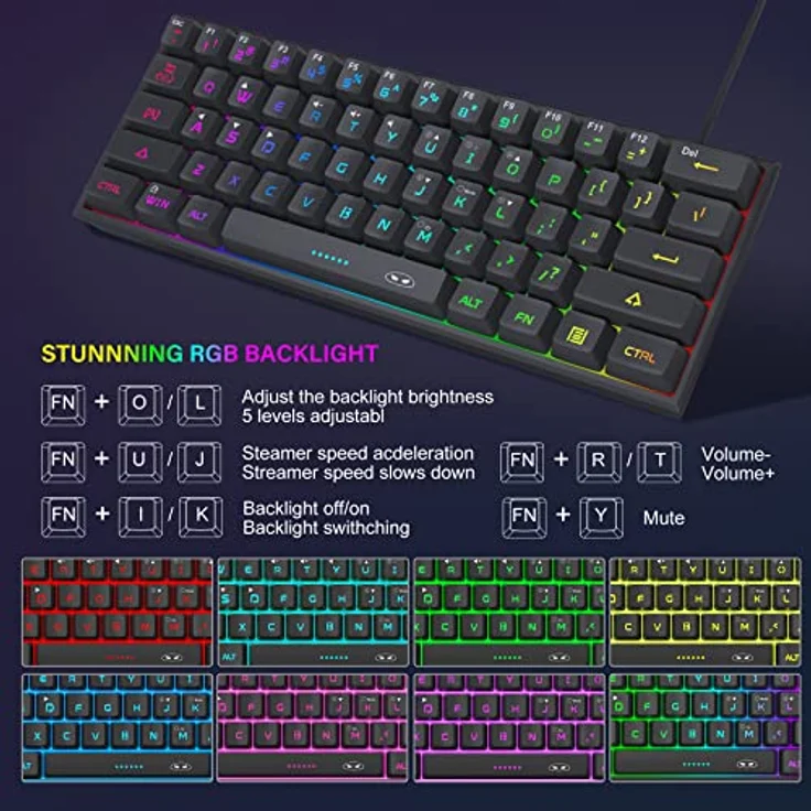 Magegee TS91, Kabelgebundene 60% Gaming-Tastatur mit RGB-Beleuchtung, Schwarz – Bild 4