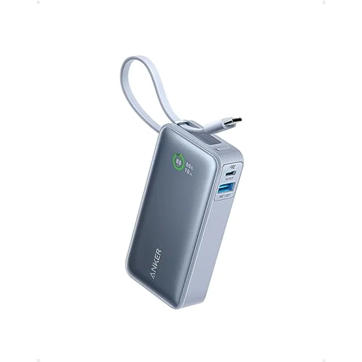 Anker Nano Powerbank,10.000mAh Powerbank mit eingebautem USB-C Kabel, PD 30W Höchstleistung mit 1x USB-C, 1x USB-A, kompatibel mit iPhone 15/14 Serie, MacBook, Galaxy, iPad, AirPods und mehr(Blau)